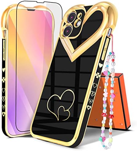 Flafens (3in1 Fekete Szerelmes Szív tok iPhone 11 6.1 a Nők, Lányok, Lányos Aranyos Esztétikai Luxus Elég Galvanizáló