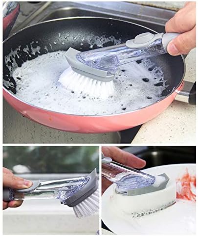 1 Cepillo para Lavar Los Platos Rellenable y 3 Cabeza de Reemplazo de Esponja, Cepillo de Limpieza de Cocina con Dispensador