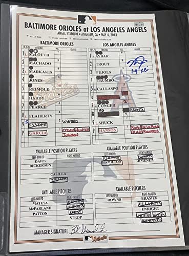 Mike Pisztráng Játék Használt Aláírt 5/4/13 Orioles @ Angyalok Felállás Kártya MLB Holo - MLB Meccset Használt Felállás