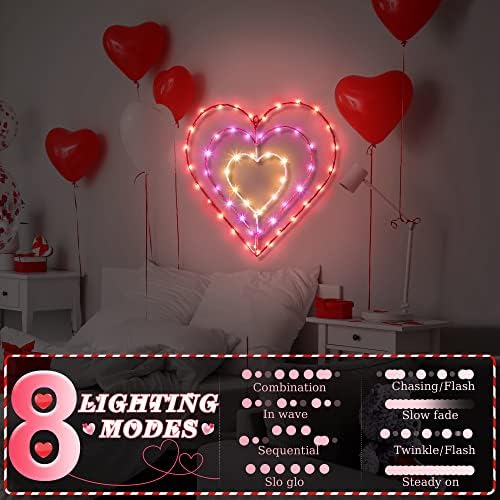 Meonum Valentin Nap Ablak Fény, 8 Módok 56 LED Piros, Rózsaszín, Fehér Szív Sziluett Fény USB Csatlakozó Távoli, Kivilágított
