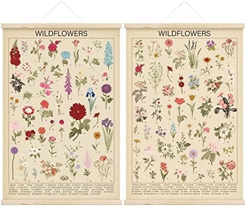 2 Db Vintage Vadvirágok Lóg Poszter Retro Botanikus Wall Art a Vásznon Virágos Növény Poszter Cottagecore Fali Dekor