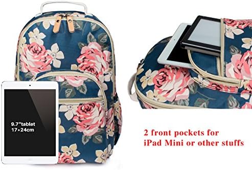 H HIKKER-LINK Női Rózsaszín Virágos Laptop Hátizsák Főiskola PVC Utazási Túrázás Daypack Kék