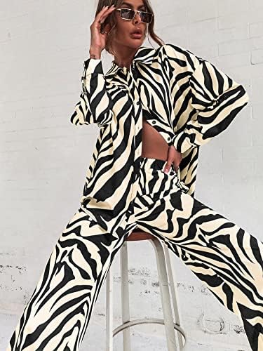 WDIRARA Női Zebra Nyomtatás Gombra Csepp Vállát, Hosszú Ujjú Blúz, illetve Nadrág 2 Darab Ruha Szett