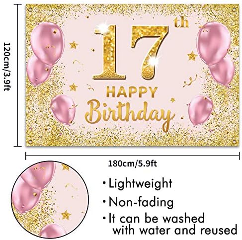PAKBOOM Boldog 17. Születésnapi Hátteret Banner - 17 Születésnapi Party Dekorációk, Kellékek Lányoknak - Arany, Rózsaszín